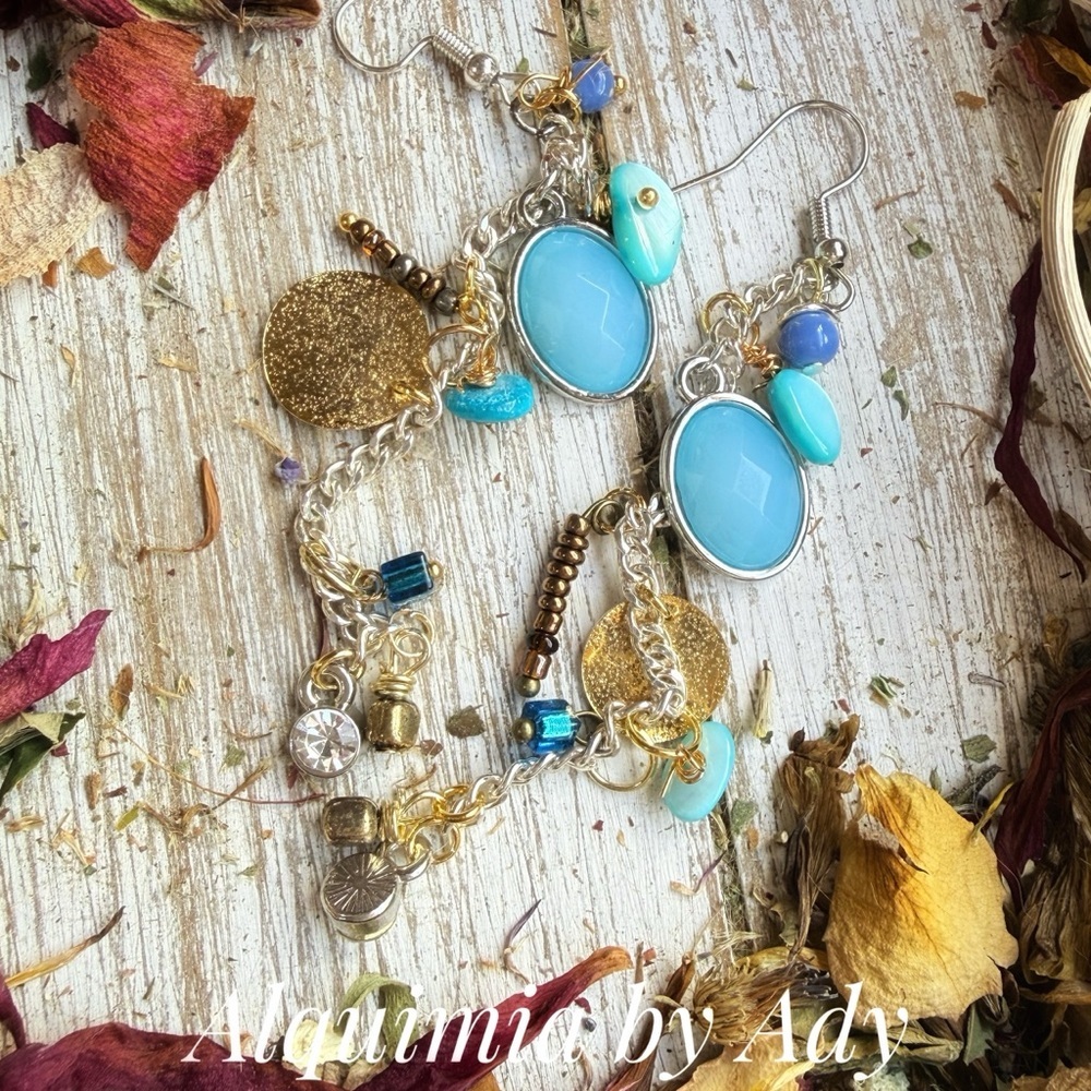 Bold extra long aquamarine mother of pearl and charms chain earrings